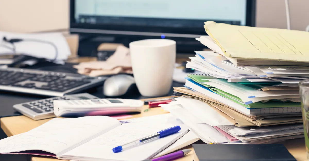 Messy desk with paperwork and notebooks, representing common tax and bookkeeping mistakes real estate investors make